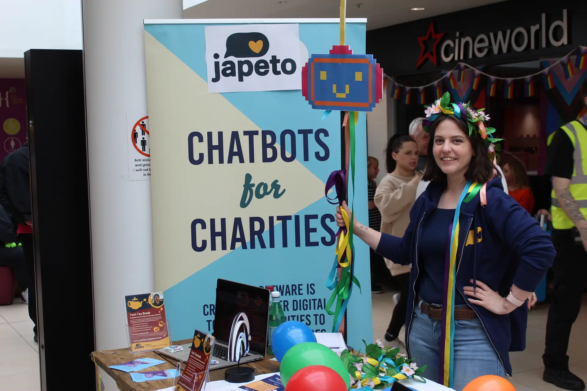Japeto's CEO and the 'Chatbots for Charities' popup display